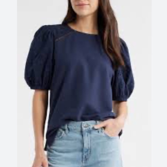 J. Crew Tops - J.Crew Navy Puff-Sleeve Eyelet Top XS | Broken-In Jersey Lightweight Blouse